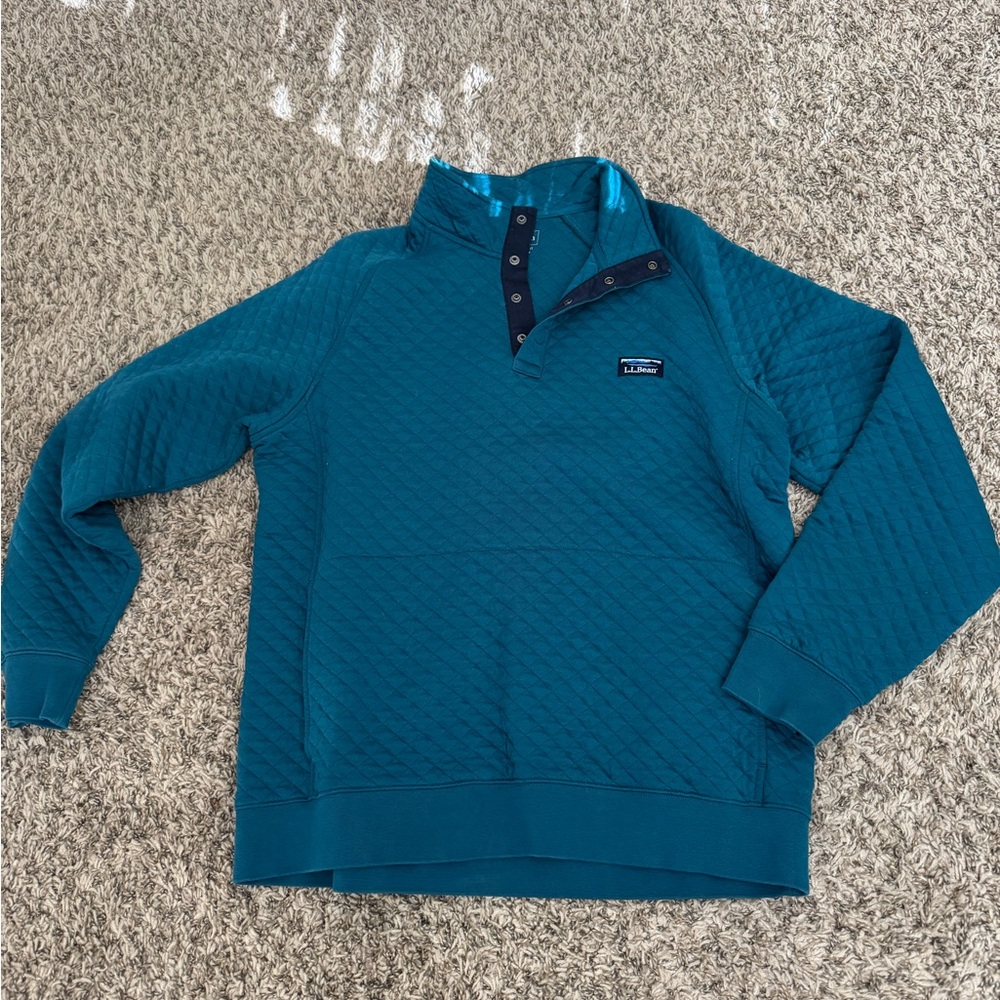 L.L. Bean Teal Button-Collar Crewneck Sweater